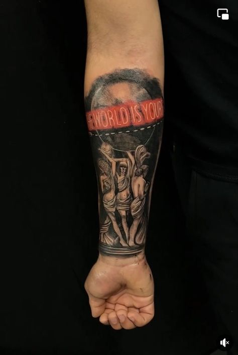 Now Time Tattoo, Tattoos To Represent Brothers, By Any Means Tattoo, Hard To Kill Tattoo, Ready To Die Tattoo, The World Is Yours Tattoo Forearm, Rapper Inspired Tattoos, The World Is Yours Tattoo Scarface, The Eyes Chico They Never Lie Tattoo