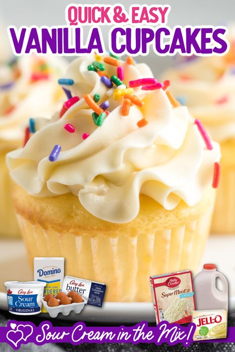 Make A Cake Taste Like Bakery, Moist Vanilla Cake Box Cupcake Recipes, Easy Delicious Cupcakes, Quick And Easy Cupcake Recipes, Box Vanilla Cake Mix Recipes, Bakery Style Cupcakes Recipe Cake Mixes, Box Cake Mix Cupcakes, Vanilla Cake Box Mix Recipes, White Cake Mix Cupcakes