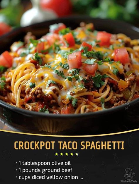 Easy Recipes | Crockpot Taco Spaghetti  | Facebook Dinner Comfort Foods, Mini Crockpot Recipes, Crockpot Mexican, Crockpot Taco, Farmers Casserole, Seafood Salad Pasta, Pressure Cooker Rice, Taco Spaghetti, 30 Min Meals