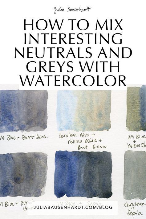 There are a few different ways you can mix neutral colors. You can get interesting greys and browns with just the slightest hint of their base colors by adding complementary colors together, or simply use the muddy parts on your palette to add neutral areas. Other possibilities are using premixed greys (there are a couple useful ones), or using a single pigment grey. Mixing Watercolors, Art Exercises, Grey Watercolor, Mixing Paint Colors, Wall Hanging Decorations, Journal Tutorials, Learn Watercolor Painting, Watercolour Ideas, Plants Wall