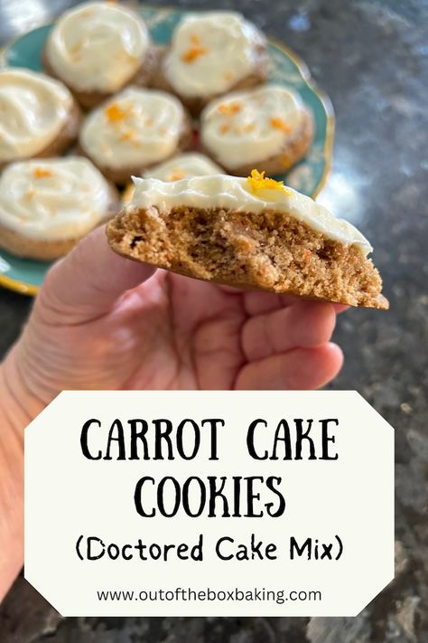 If you’re looking for a quick carrot cake fix, this is the recipe for you! This short & sweet cookie recipe comes together in minutes and starts with a box of cake mix. Box Carrot Cake Cookies, Carrot Cake Cookies With Box Cake, Carrot Cake Box Mix Cookies, Boxed Carrot Cake Mix Hacks, Carrot Cake Box Mix Recipes, Easy Carrot Cake Cookies, Betty Crocker Cake Mix Recipes, Carrot Cake Cookie Recipe, Carrot Cookies Recipe