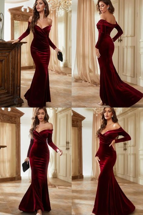 Gorgeous - Formal - Sexy - Long Sleeve - Beautiful - Fitted - Flare Bottom - Hot - Fall Dress - Spicy - Stunning - Pretty ❤️🍒 Dinner Gowns, Dresses Long Sleeves, Fall Sweater Dress, Long Sleeve Velvet Dress, Fall Dress, Mermaid Evening Dresses, Evening Dresses Long, Formal Evening Dresses, Formal Gowns