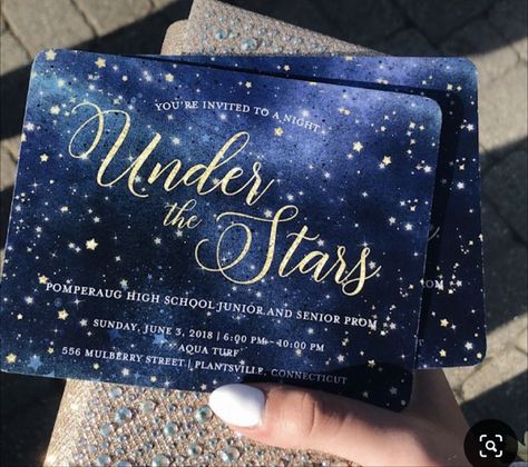 Under The Stars Prom Invitations, Moon And Stars Prom Theme, Midnight Debut Theme, Under The Stars Banquet Theme, 18th Blue Theme, Sweet 16 Galaxy Theme, A Night Of A Thousand Lights Prom Theme, A Night Among The Stars Theme, Sweet 16 Galaxy Theme Party Ideas