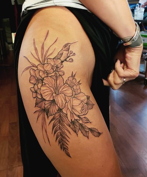 Hip tattoo tropical flowers  hummingbird Hummingbird Tattoo Black, Tattoo Hummingbird, Tropical Flower Tattoos, Floral Hip Tattoo, Flower Hip Tattoos, Hibiscus Flower Tattoos, Tropical Tattoo, Flower Thigh Tattoos, Hip Thigh Tattoos