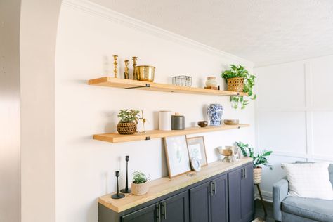 Build a custom sideboard! This sleek DIY will be the showstopper of your living room Build In Sideboard, Buffet Wall Ideas, Sideboard With Shelves Above, Dinning Room Sideboard, Buffet Wall, Dining Room Shelving, Built In Sideboard, Custom Sideboard, Diy Sideboard