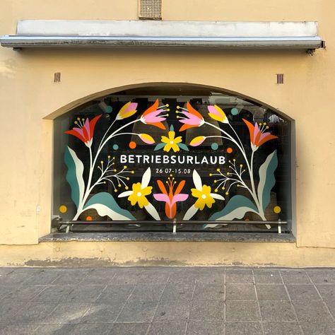 Bird Mural Street Art, Painted Store Front Windows, Window Painting Store Shop Fronts, Painted Shop Windows, Window Display Painting, Painted Window Display, Floral Window Painting, Cafe Window Art, Salon Window Painting