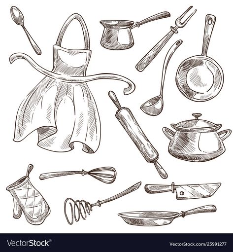 Cooking Tools Illustration, Kitchen Tools Drawing, Gloves Illustration, Gloves Drawing, Baking Stuff, Kitchen Drawing, Cooking Supplies, Vector Sketch, Blog Ideas