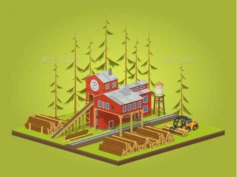 Lumber mill. Sawmill building. 3D lowpoly isometric vector concept illustration suitable for advertising and promotion Lumber Mill Concept Art, Lumber Mill Minecraft, Minecraft Lumber Mill, Minecraft Sawmill, Industry Infographic, Desert City, Lumber Yard, Logging Industry, Lumber Mill