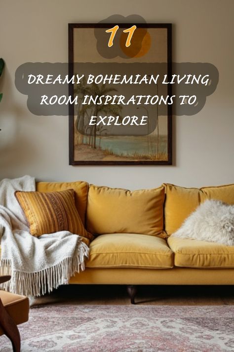 Dive into the world of bohemian design with this dreamy living room inspiration! The rich mustard hues of the sofa paired with soft textures create a warm and inviting atmosphere. Perfect for lounging or entertaining, this space inspires creativity and relaxation. Explore how to mix colors and patterns to achieve a look that feels uniquely yours! Mustard Yellow Living Room Ideas, Gold Sofa Living Room Color Schemes, Mustard Living Room Decor, Mustard Sofa Living Room Ideas, Mustard Sofa, Mustard Living Rooms, How To Mix Colors, Dreamy Living Room, Bold Living Room