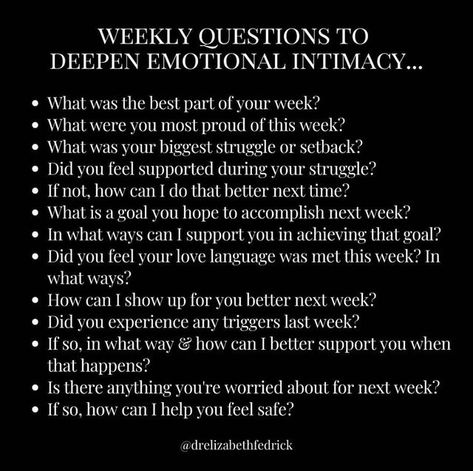 Dr. Elizabeth Fedrick on Instagram: "Weekly check-ins… One of the first (and ongoing) things I suggest for my couples clients is weekly check-ins! There are so many benefits of this time together, such as: •Knowing you have sacred time together each week. •Not having to wonder when there will be time to discuss important or difficult topics. •Practicing communication skills. •Learning about each other on a deeper level. •Creating opportunity to promote safety and nurturance in your dynami What Is A Goal, Emotional Intimacy, Mind Reading, Relationship Boundaries, Understanding Emotions, Relationship Lessons, Wants And Needs, Relationship Therapy, Marriage Help