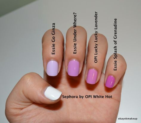 Essie Go Ginza, Essie Under Where?, OPI Lucky Lucky Lavender, and Essie Splash of Grenadine Swatches Splash Of Grenadine Essie, Go Ginza Essie, Lucky Lucky Lavender Opi, Essie Go Ginza, S And S Nails, White Hot, Mani Pedi, Nails Ideas, Essie