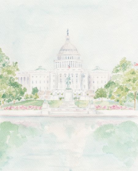 Building Watercolor, Us Capitol Building, Washington Dc Art, Cherry Blossom Watercolor, Painted Wall Art, Front Garden Landscape, Perfect Hostess, College Decor, Hand Painted Wall Art