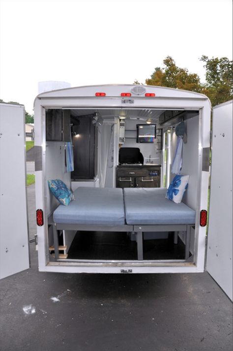 Couple's Cargo Trailer Camper Conversion Utility Trailer Conversion To Camper, Cargo Trailer Camper Conversion Ideas, 6x12 Enclosed Trailer Ideas, Enclosed Trailer Ideas Toy Hauler, Cargo Camper Conversion, Trailer Into Camper, Box Trailer Camper, Box Trailer Camper Conversion, Enclosed Trailer Conversion