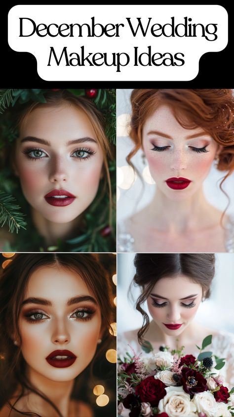 December wedding makeup ideas for brides, bridesmaids, and guests. Bride Make Up Ideas Wedding Day, Burgandy Lipstick Makeup Looks, Winter Makeup Brown Eyes, Different Wedding Makeup Looks, Wedding Makeup For Strawberry Blonde, Holiday Wedding Makeup, Holiday Makeup For Brown Eyes, Christmas Hair And Makeup Ideas, Berry Wedding Makeup