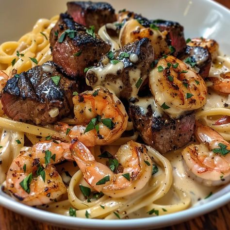 Cooking Blackened Steak and Shrimp Alfredo Steak And Shrimp Alfredo, Shrimp And Steak Alfredo Pasta, Steak Alfredo Pasta, Blackened Steak, Steak Alfredo, Steak Pasta, Shrimp Alfredo, Steak And Shrimp, Shrimp Dinner