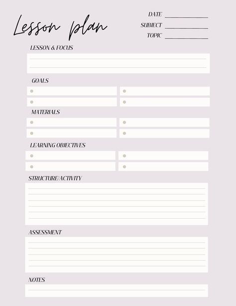 Printable digital lesson plan for teachers. Great resource for organizing day-to-day lesson plans for teaching your curriculum.  Includes date, subject, topic, lesson, focus, goals, materials, learning objectives, structure/activity, assessment and notes. With checklists and to-do lists to keep you accountable and your lessons classroom or home school lessons structured. Comes in colour and black and white for easy printing! Playschool Activities Lesson Plans, Digital Lesson Plans, Homeschool Lesson Plans, Printable Lesson Plans, Preschool Planning, Teacher Lesson Plans, The Plan, Learning Objectives, Homeschool Lesson
