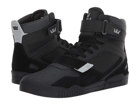 Supra Breaker (Black/Light Grey/Black) Men's Shoes. From skate-park king to full-on baller  break the mold with the Supra Breaker sneakers. High-top sneakers feature a '90s basketball-inspired vibe. Uppers feature a mix of nubuck  leather  and faux-leather panels. Padded collar with perforated  faux-leather trim. Lace-up closure with extended vamp and tongue. Hook-and-loop straps across the ankle and forefoot. Textured rubber  #Supra #Shoes #ClosedFootwear #GeneralClosedFootwear #Black Supra Shoes Men, Nike Shoes Women Fashion, Supra Shoes, Beautiful Wedding Shoes, Boots Outfit Men, Tactical Wear, Black Shoes Men, Mens Shoes Black, Skate Park