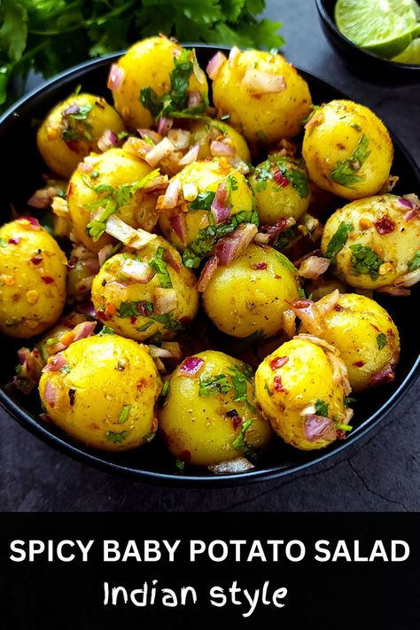 A bowl of Indian baby potato salad with chopped red onion and cilantro. Indian Potato Salad Recipe, Indian Roasted Potatoes, Indian Potato Sandwich, Indian Style Potatoes, Vegan Dill Potato Salad, Baby Potato Salad, Baby Potato, Spicy Salad, Indian Baby