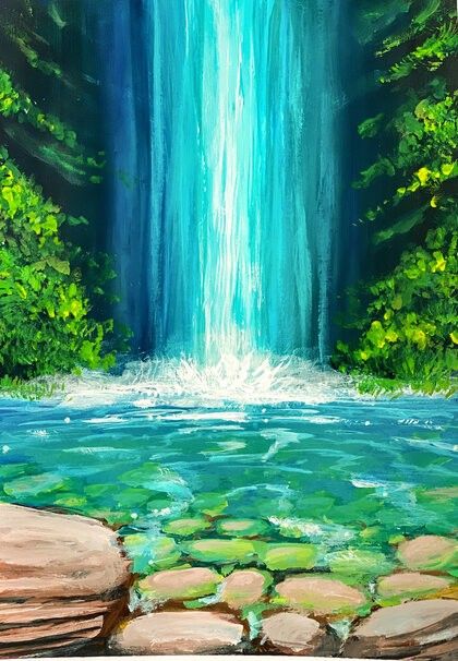 Fantasy Painting Easy, River Painting Easy, Easy Things To Paint On Canvases, Waterfall Painting, Mini Canvases, Easy Landscape Paintings, Stippling Art, Waterfall Paintings, Waterfall Art