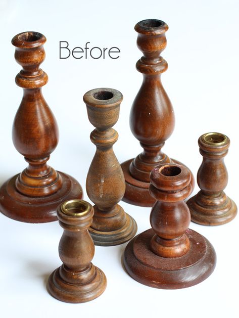 Upcycle Candle Stick Holders, Can You Paint Brass Candlesticks, Wood Candle Sticks Diy, Candlestick Crafts Diy, Decorating With Candlesticks Ideas, How To Decorate With Candlesticks, Diy Brass Candlestick Holders, Styling Candle Sticks, Repurpose Candle Sticks