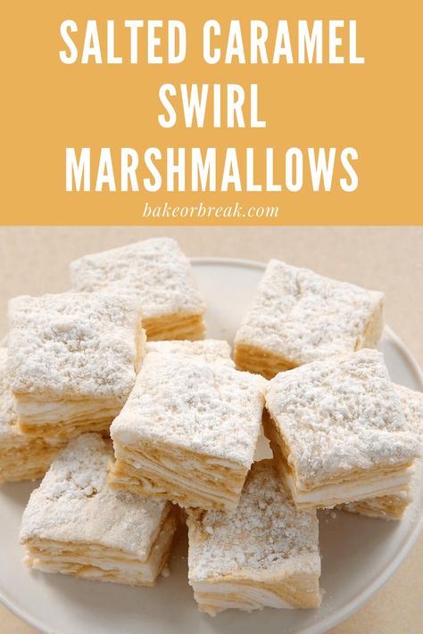 Salted Caramel Swirl Marshmallows are delicious vanilla marshmallows swirled with rich, salty caramel. - Bake or Break #marshmallows #saltedcaramel Caramel Apple Marshmallows, Marshmallow Recipes, Homemade Marshmallow Recipe, Marshmallow Recipe, Salty Caramel, Chocolate Cobbler, Gourmet Marshmallow, Flavored Marshmallows, Homemade Marshmallow