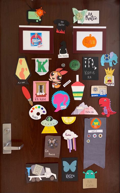 Up Door Decs, Resident Advisor Ideas, Ra Door Decs College Name Tags, Door Tags Ra, Door Decorations Ra, Ra Event Ideas, Door Decs Ra, Residence Life Bulletin Boards, Resident Assistant Door Decs