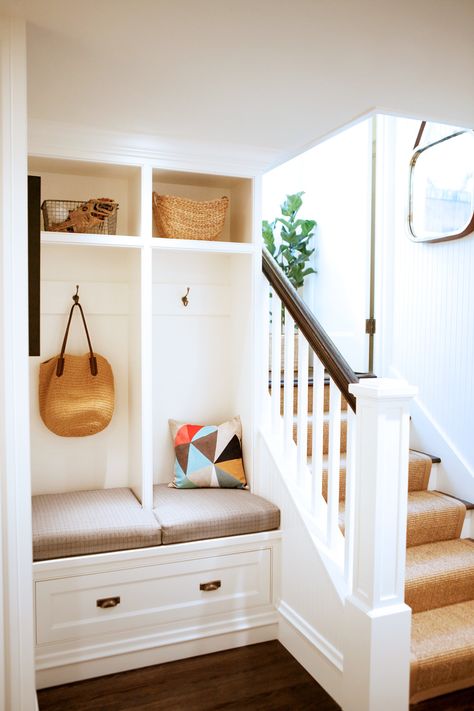 Before and After: A Raw Seattle Basement Becomes a Calming Retreat via @MyDomaine Open Basement Stairs, Built In Lockers, Mudroom Entryway, Under The Stairs, Mudroom Design, Basement Stairs, Basement Design Ideas, Basement Bedrooms, Entryway Storage