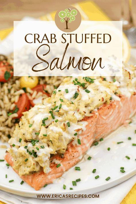 Crab Stuffed Salmon has luscious baked salmon topped with perfectly balanced lump crab stuffing and light lemon sauce. With choice ingredients and thoughtful seasoning, this crab stuffing for salmon is lighter and will not break the calorie bank. Paired with a creamy lemon sauce and healthful succulent salmon, this dinner recipe is deceivingly divine. Crab Stuffing For Salmon, Crab Stuffing, Crab Stuffed Salmon, Stuffed Salmon, Crab Stuffed, Lump Crab, Salmon Dinner, Crab Recipes, Salmon Dishes