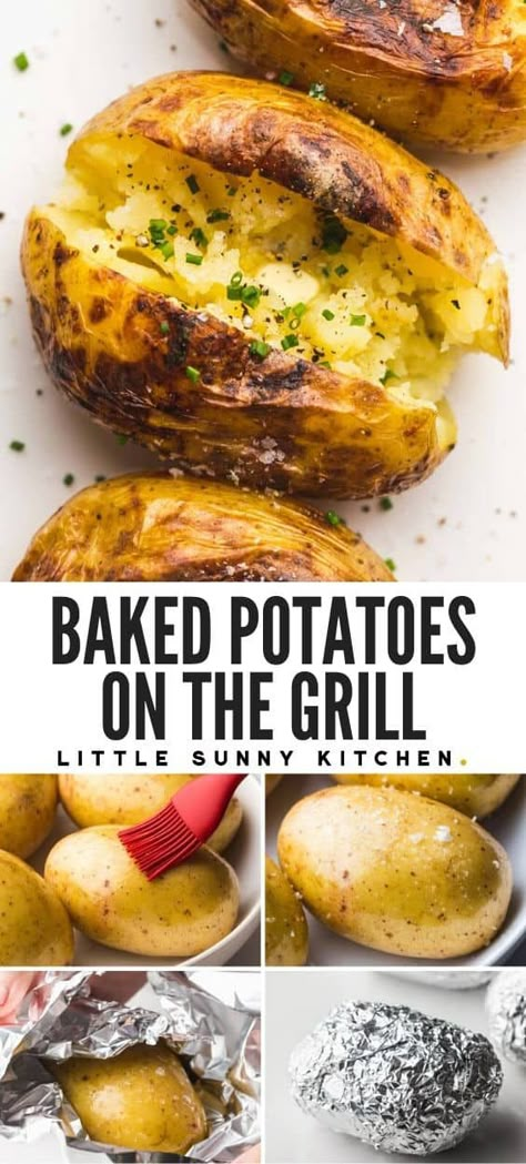 Cook baked potatoes on the grill alongside other foods you're grilling. They turn out perfectly soft and fluffy with a deliciously crisp skin. #bakedpotatoesgrill #bakedpotatoes #grillingsides #grilledpotatoes Grilled Dinner Sides, Bake Potatoes On The Grill, Baked Potato Bbq Grill, Baked Potato Camping, Barbeque Baked Potato, Grill Potatoes On Grill, Best Bbq Potatoes, How To Cook Potatoes On The Grill, Barbecue Baked Potato