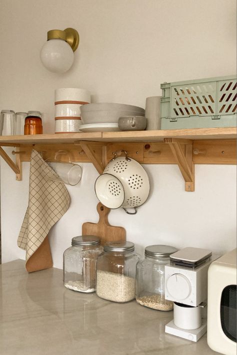 Wood peg rack shelf shelving open kitchen inspo diy Open Shelf Kitchen Storage Ideas, One Shelf Kitchen Open Shelving, Open Kitchen Shelves Farmhouse, Single Kitchen Shelf, Kitchen Shelf With Pegs, Floating Shelves Kitchen Storage, Open Shelving In Small Kitchen, Single Open Shelf Kitchen, Cottage Open Shelving