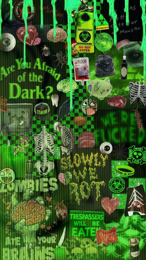 Spoopy seson, hell yeah #halloween #halloweenaesthetic #zombie #green #zombiecore #toxic Cute Zombie Wallpaper, Zombie Core Aesthetic, Zombie Wallpaper Aesthetic, Zombie Astethic, Zombie Moodboard, Zombie Aesthetic, Zombie Background, Zombie Wallpaper, Zombie Cat