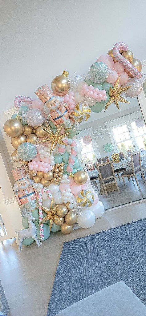 A Dreamy Pastel Nutcracker Christmas Balloon Garland Decoration designed by @BalloonacyBoston Barbie Nutcracker Birthday Party, Diy Pastel Nutcracker, The Nutcracker Birthday Theme, Pastel Christmas Backdrop, Christmas Theme Pictures, Pink Christmas Balloon Arch, Pink Christmas Cake Pops, Pink Balloon Christmas Tree, Nutcracker Balloon Garland