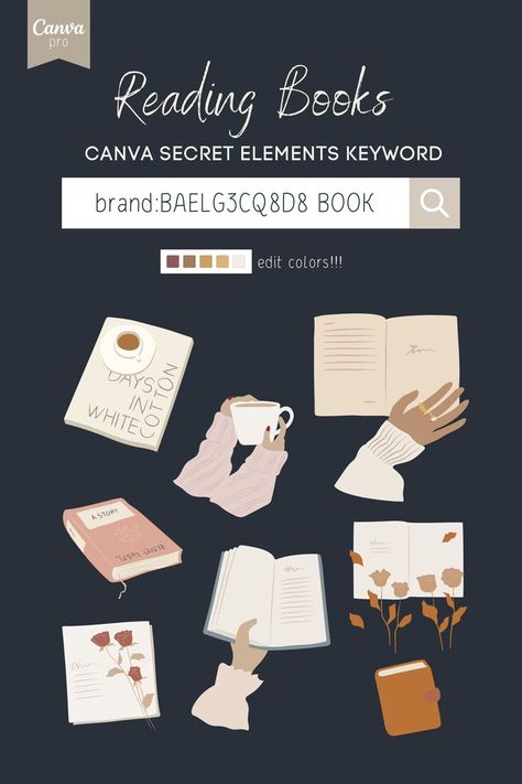 Canva Pro keywords for pastel books elements aesthetic! Find secret hidden design elements in Canva Pro. You can change colors of these elements in Canva. Simply search the secret codes for aesthetic illustrations and scroll through these and even more beautiful elements. Code is: brand:BAELG3CQ8D8 BOOK . Canva Word Ideas, Canva Hidden Elements, Canva Search Elements, Canva Secrets Elements, Canva Book Elements, Canva Secret Code, Canva Pro Elements Aesthetic, Canva Sticker Keyword Aesthetic, Canva Design Ideas Aesthetic