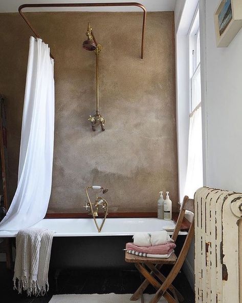 Simone on Instagram: “Lots of Roman clay bathrooms, hallways and fireplaces floating around Instagram.. I like it, I’m in .. image via #pinterest” Roman Clay, French Country Bathroom, White Shower Curtain, White Shower, Wall Texture, Large Bathrooms, Bath Room, Vintage Bathroom, Rustic White