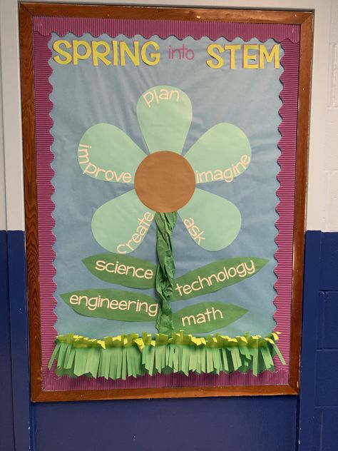 Spring into STEM bulletin board Stem Bulletin Boards Elementary, Stem Bulletin Boards, Steam Classroom, Elementary Bulletin Boards, Kindergarten Bulletin Boards, Kindergarten Stem, Science Technology Engineering Math, Summer Stem, Bullentin Boards