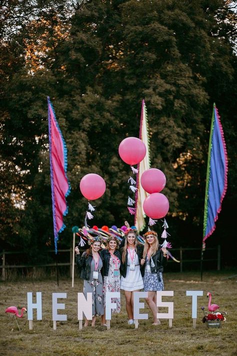 Girls behind Henfest letters with balloons and festival flags Festival Garden Party, Party Dares, Festival Themed Party, Hens Party Themes, Festival Theme, We Are Festival, Festival Inspiration, Hen Do, Bridal Shoot