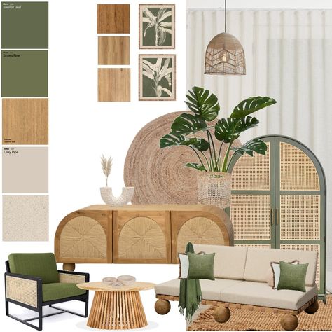 Tropical Material Board, Tropical Moodboard Interior Design, Japandi Boho Interiors, Green Japandi Living Room, Japandi Tropical, Tulum Living Room, Tropical Interior Design Living Rooms, Japandi Green, Japandi Interiors Bedroom