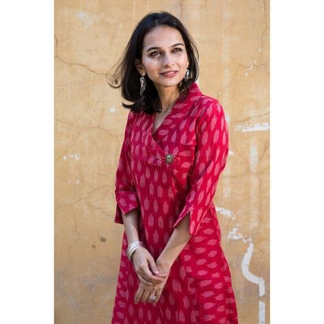 Ikat Red A-line kurta Festive Ikat Print Straight Kurta Sets, Diwali Ikat Print Straight Kurta, Designer Ikat Print Straight Kurta, Traditional Ikat Print Straight Kurta, Ikkat Kurta Designs, Batik Print Kurti Patterns, Ikkat Kurti Designs, Festival Ikat Print Straight Kurta, Kalamkari Blouse Designs