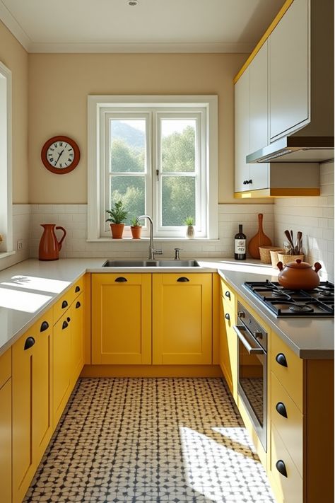 Sunny kitchen with yellow lower cabinets and patterned floor Yellow Brown Kitchen, Kitchen Yellow Cabinets, Yellow Cabinets Kitchen, Brighten Up Kitchen, Black Hardware Kitchen, Mustard Yellow Kitchens, Yellow Kitchen Designs, Yellow Kitchen Cabinets, Kitchen Color Palettes