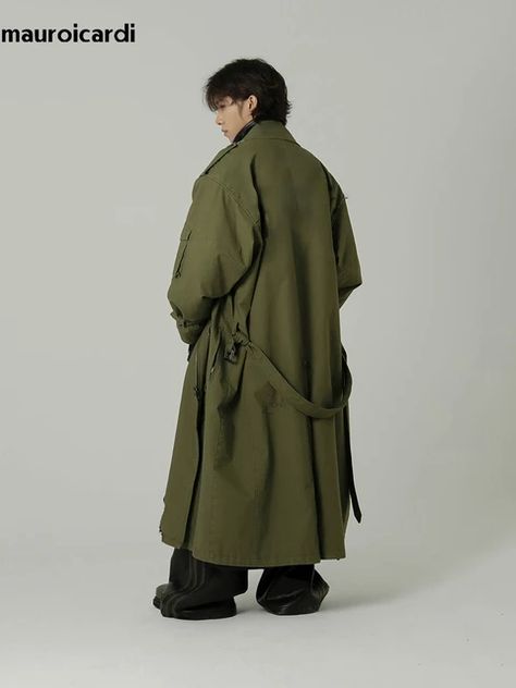 Oversized Overcoat, Green Coat Outfit Men, Men’s Long Coat, Techwear Long Coat, Sleevless Coat, Oversized Outfit Men, Oversized Military Utility Jacket With Pockets, Oversized Military Spring Outerwear, Oversized Military Outerwear With Pockets