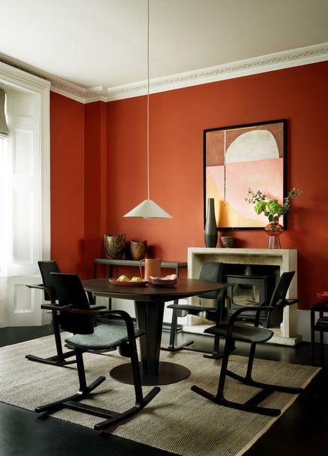 Painted Skirting Boards Orange, Rust Red Living Room, Orange Wall Room, Burnt Orange Living Room Walls, Orange Walls Living Room, Burnt Orange Dining Room, Burnt Orange Room, Terracotta Dining Room, Burnt Orange Living Room Decor