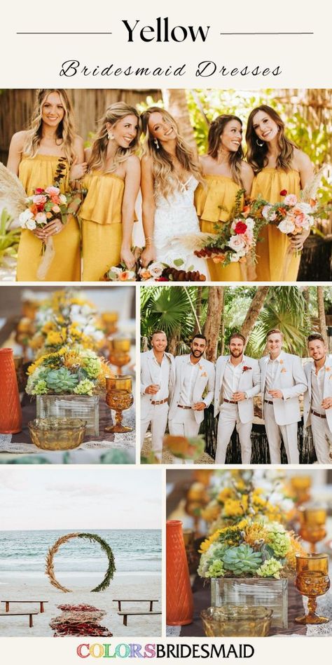 Yellow bridesmaid dresses on sale under $100, in 600+ custom-made styles and all sizes, white bridal gown, beige groomsmen suits, yellow and greenery bouquet, wedding centerpieces, wedding arch. #colsbm #bridesmaids #bridesmaiddresses #weddingideas #yellowwedding #groomsmensuits #bouquet #weddingarch #weddingcenterpieces #yellowdress b2282 Beige Groomsmen Suits, Beige Groomsmen, Yellow Groomsmen, Greenery Bouquet Wedding, Bridesmaid Dresses Short, Yellow Bridesmaid, White Bridal Gown, Greenery Bouquet, Yellow Pastel