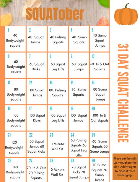 SQUATober Challenge October Workout Challenge 30 Day, October Squat Challenge, October Ab Challenge, Squatober Challenge 2023, October Weight Challenge, Fall Fitness Challenge Ideas, June Fitness Challenge, October Fitness Challenge Ideas, Halloween Fitness Challenge