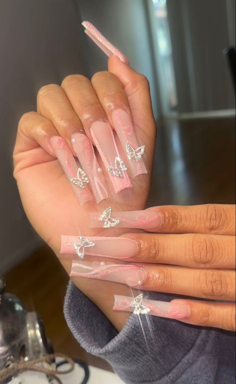 Long Nails With Butterflies, Pink Nails With Butterfly, Ombre Butterfly Nails, Butterfly Charm Nails, Pink Long Nails, Pink Butterfly Nails, Nails With Butterflies, Nails With Butterfly, Ombre Butterfly