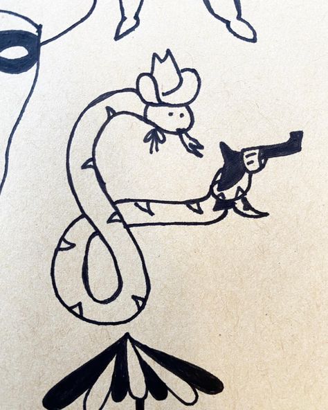 Snake With Cowboy Hat Tattoo, Snake In Boot Tattoo, Silly Animals Drawings, Animal In Cowboy Hat Tattoo, Silly Snake Tattoo, Funny Animal Drawings, Cowboy Animals Drawing, Snake With Cowboy Hat, Cowboy Animals Tattoo