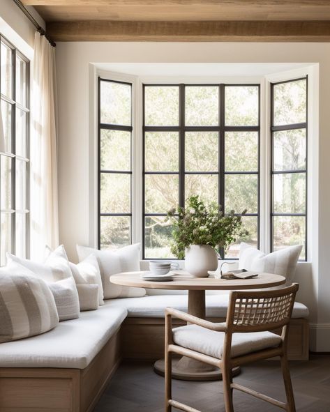 Monika McCommon | i’ve had a pinterest board dedicated to breakfast nooks since probably it’s inception. loove a good nook & we’re designing one in our next… | Instagram Breakfast Nook Corner Window, California Casual Breakfast Nook, Mediterranean Breakfast Nook, Breakfast Nook Furniture Ideas, Corner Dining Room Table, Breakfast Nook Chairs, Breakfast Nook Inspiration, Dining In Living Room, Banquette Tables