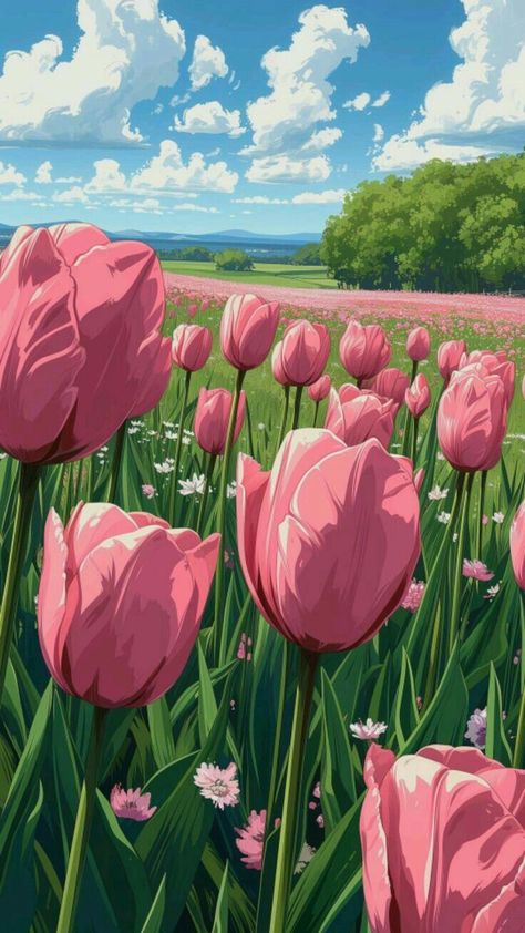 Ghibli Flower Field, Animated Flower Wallpaper, Wallpaper Bi, Nature Art Painting, Arte Fantasy, Dreamy Art, Pretty Wallpapers Backgrounds, Anime Scenery Wallpaper, Landscape Wallpaper