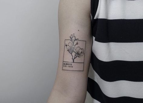 Tattoo With Square Frame, Framed Minimalist Tattoo, Framed Floral Tattoo, Rectangle Tattoo Placement, Square Tattoo Placement, Square Tattoo Frame, Frame Tattoo Design Square, Square Tattoo Ideas, Pantone Tattoo