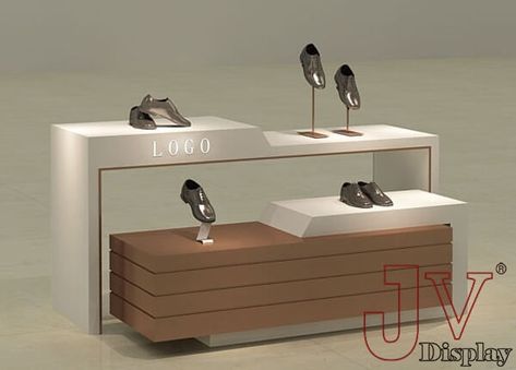 2 tiered display table for shoe store Shoes Display Ideas, Tiered Display Table, Shoe Display Ideas, Shoe Display Shelves, Store Display Table, Shoe Table, Shoe Store Display, Massage Room Design, Tiered Display