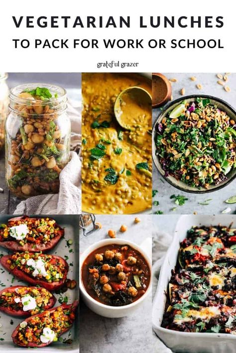 Looking for packable vegetarian lunches to bring to work or school? All of these plant-based recipes can be prepped ahead of time. #GratefulGrazer #VegetarianLunches #LunchRecipes #VegetarianFood Best Vegetarian Lunches For Work, School Lunch Ideas Vegetarian, Vegetarian Lunches For Work, Lunches To Pack For Work, Middle School Lunch Ideas, Easy Vegetarian Lunches, Quick Vegetarian Lunch, Lunch Ideas Vegetarian, Vegetarian Lunch Ideas For Work